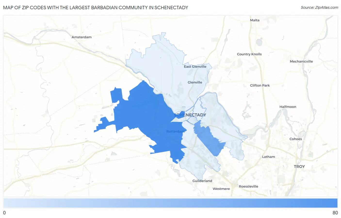 Zip Codes with the Largest Barbadian Community in Schenectady Map