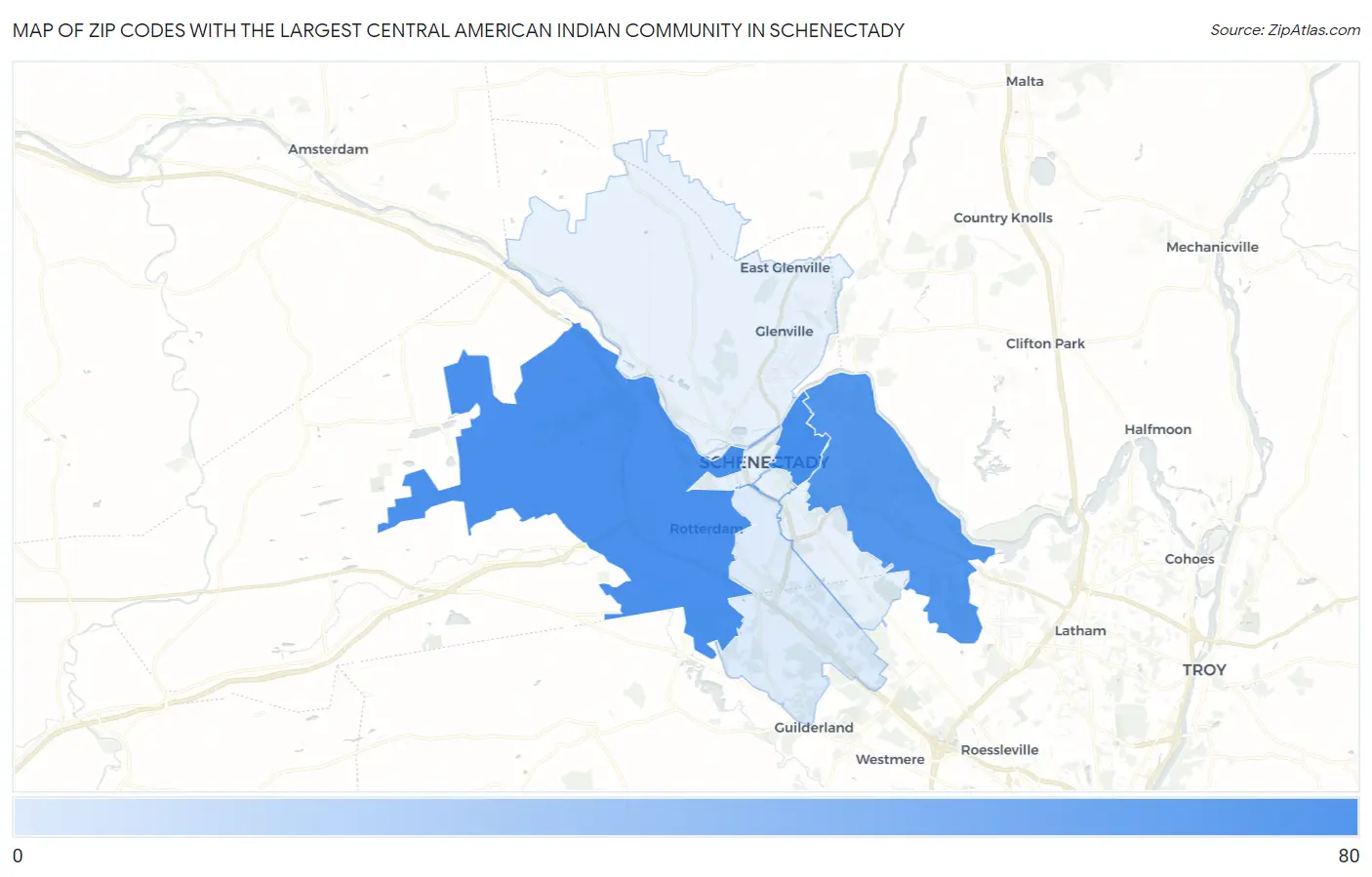 Zip Codes with the Largest Central American Indian Community in Schenectady Map