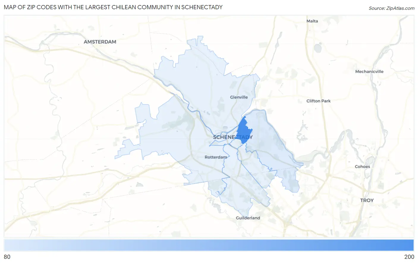 Zip Codes with the Largest Chilean Community in Schenectady Map