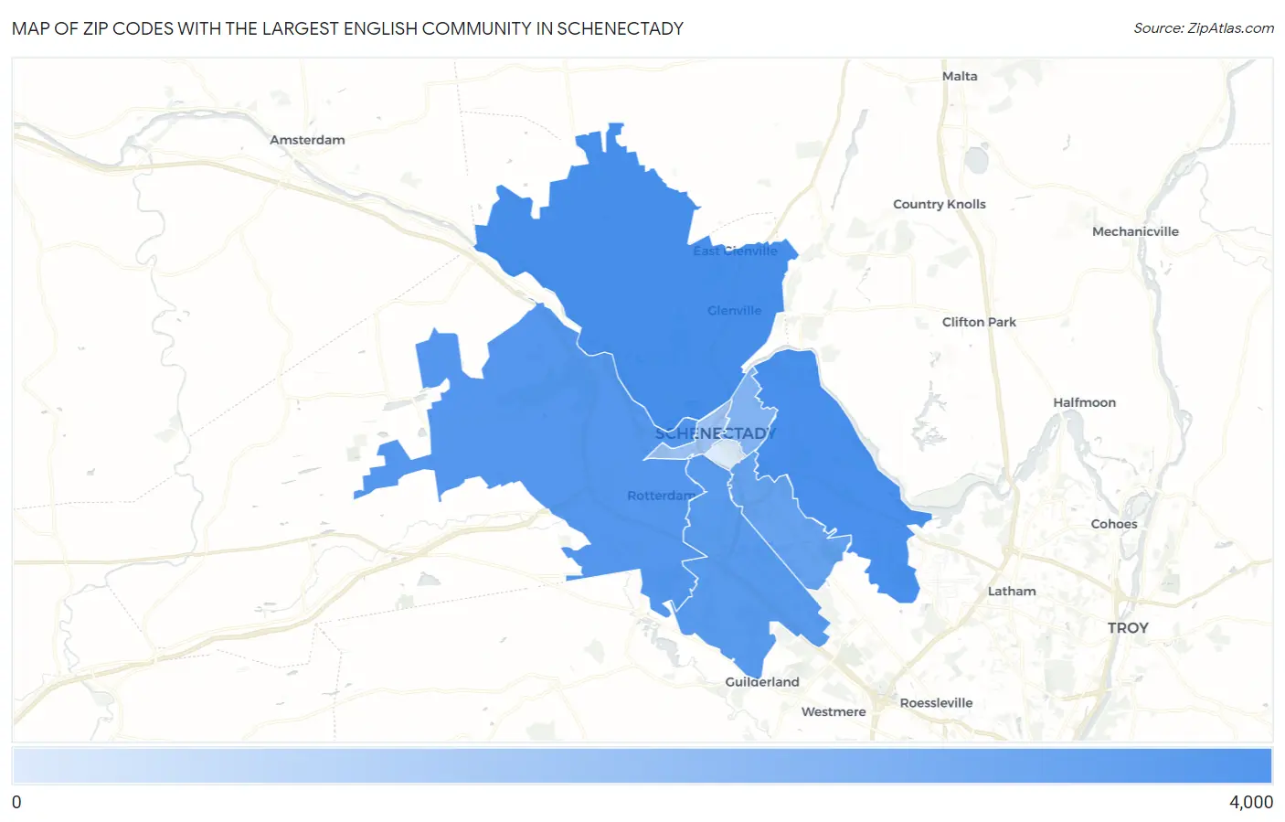 Zip Codes with the Largest English Community in Schenectady Map
