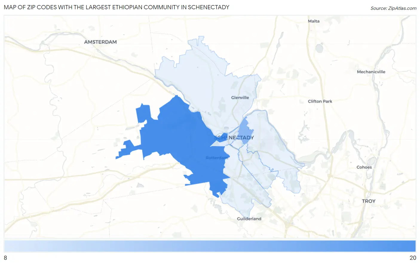 Zip Codes with the Largest Ethiopian Community in Schenectady Map