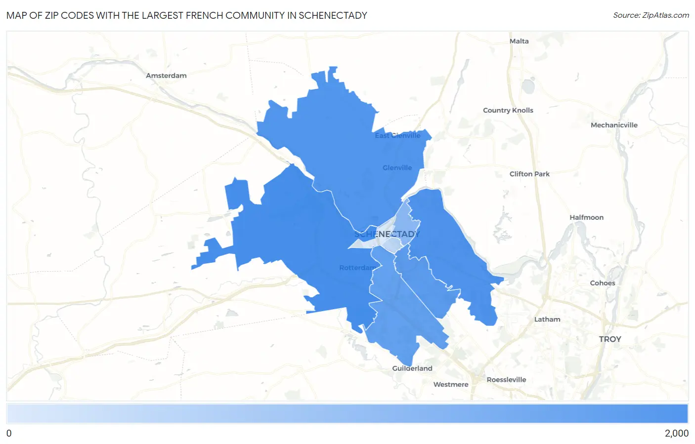 Zip Codes with the Largest French Community in Schenectady Map