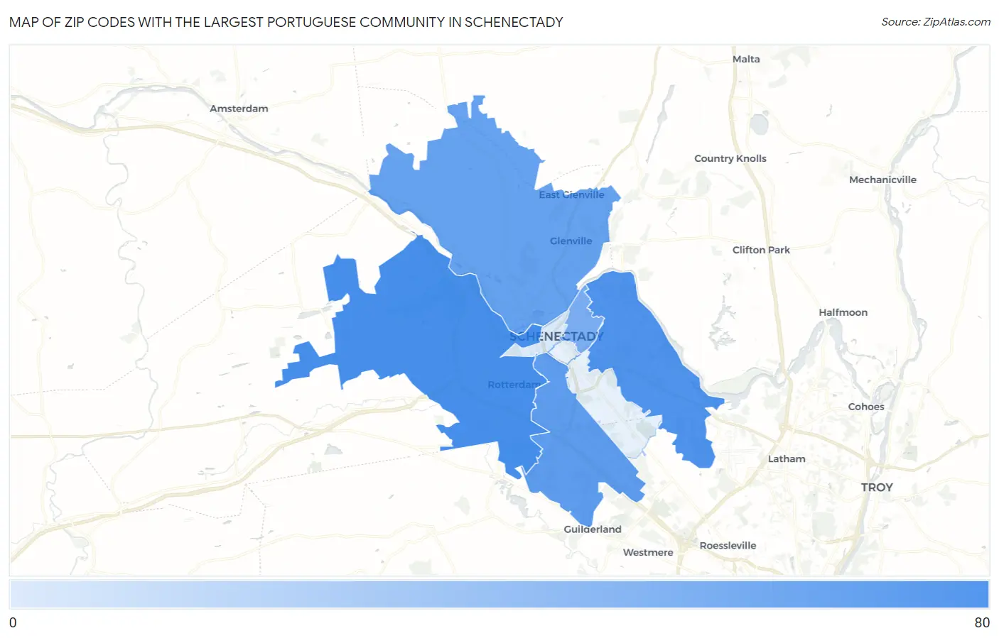 Zip Codes with the Largest Portuguese Community in Schenectady Map