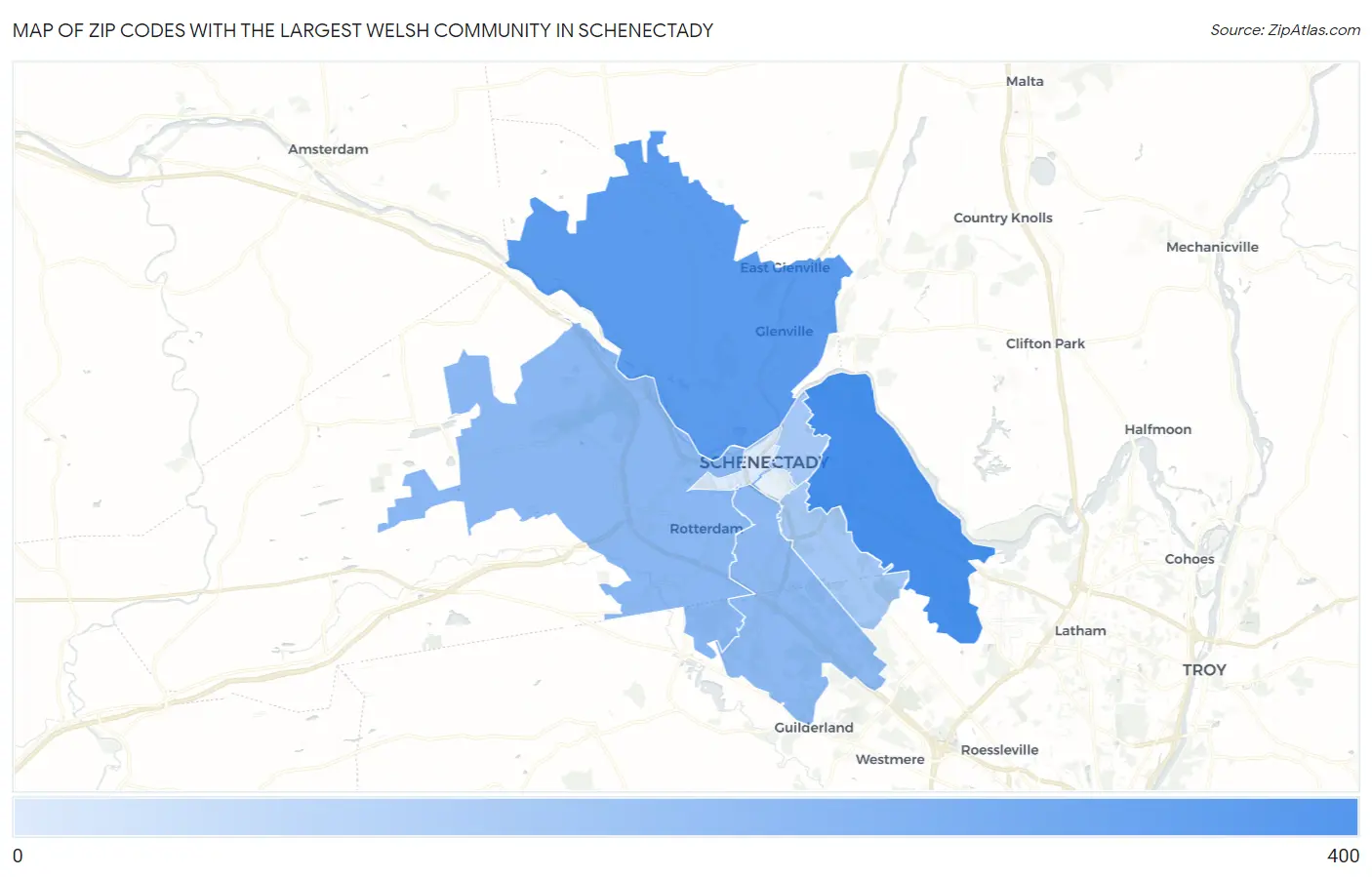 Zip Codes with the Largest Welsh Community in Schenectady Map