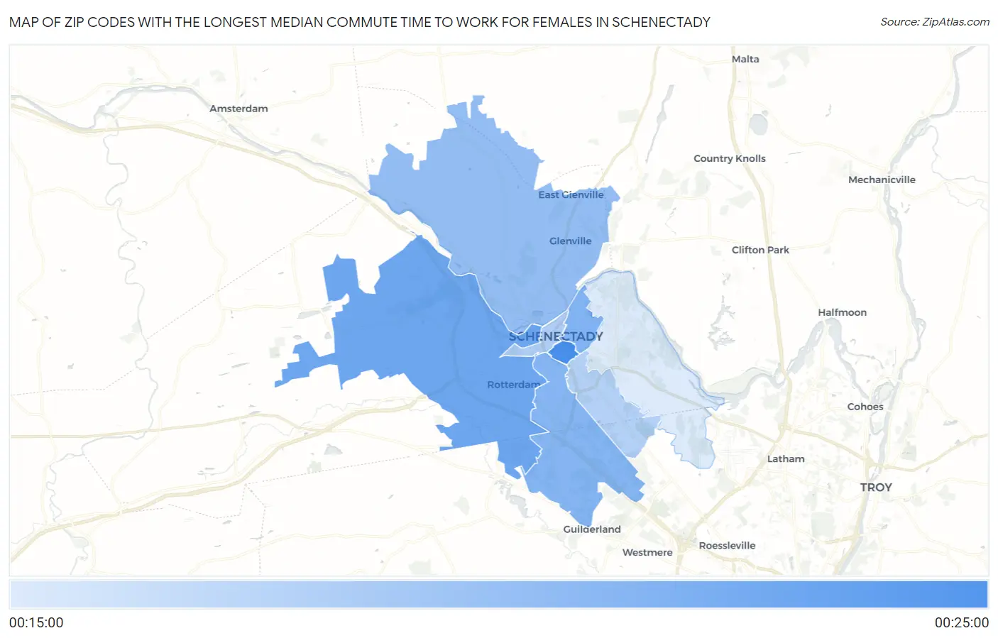 Zip Codes with the Longest Median Commute Time to Work for Females in Schenectady Map