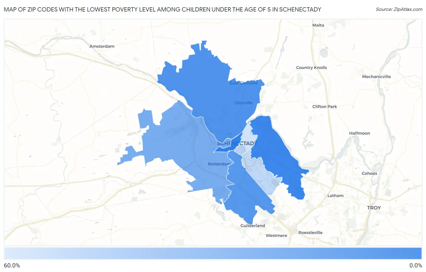 Zip Codes with the Lowest Poverty Level Among Children Under the Age of 5 in Schenectady Map