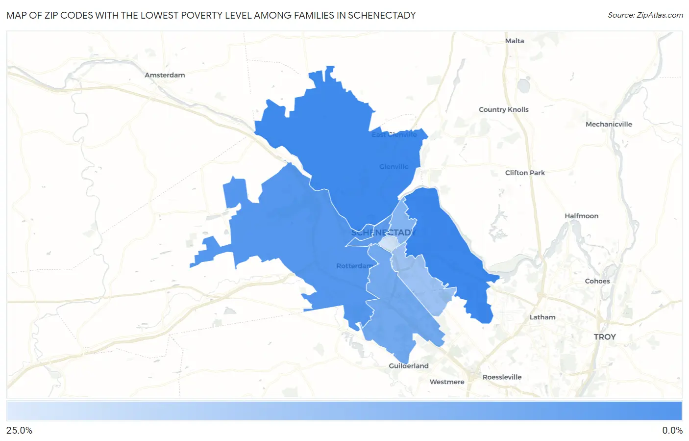 Zip Codes with the Lowest Poverty Level Among Families in Schenectady Map