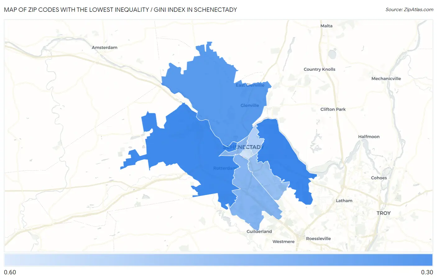 Zip Codes with the Lowest Inequality / Gini Index in Schenectady Map