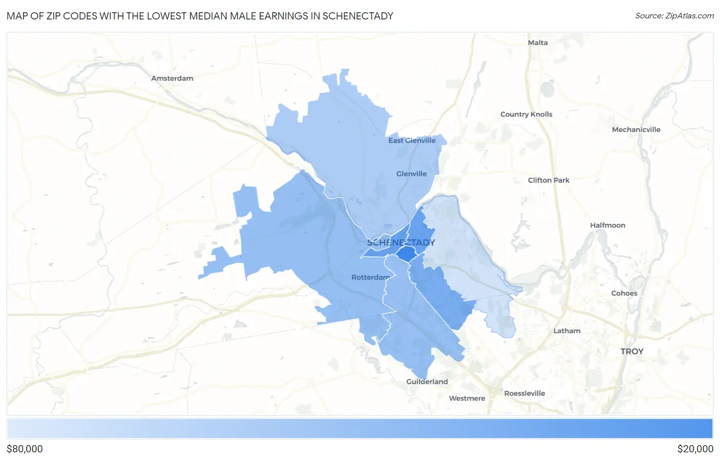 Zip Codes with the Lowest Median Male Earnings in Schenectady Map