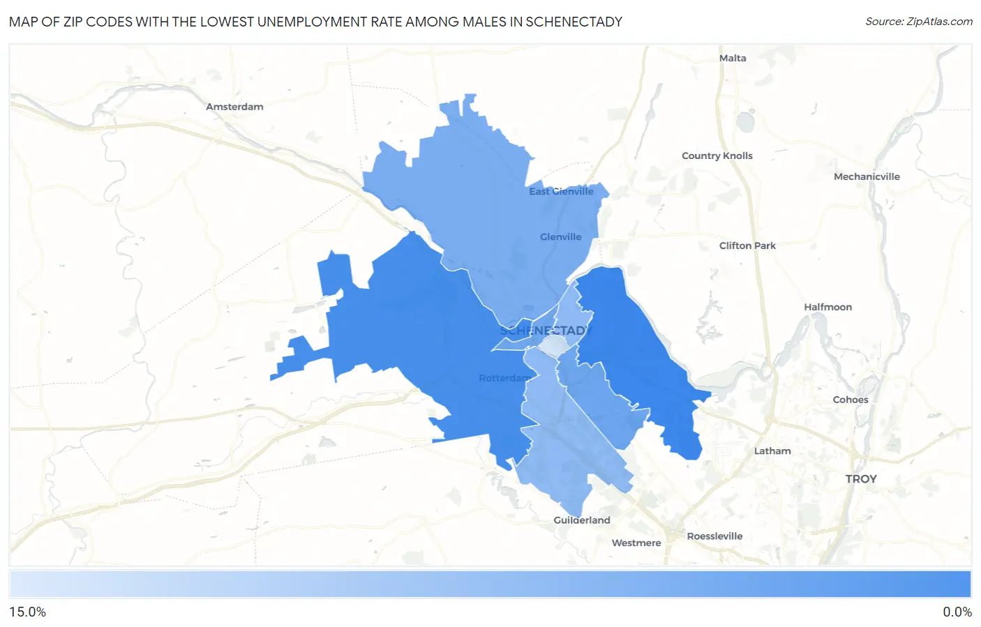 Zip Codes with the Lowest Unemployment Rate Among Males in Schenectady Map
