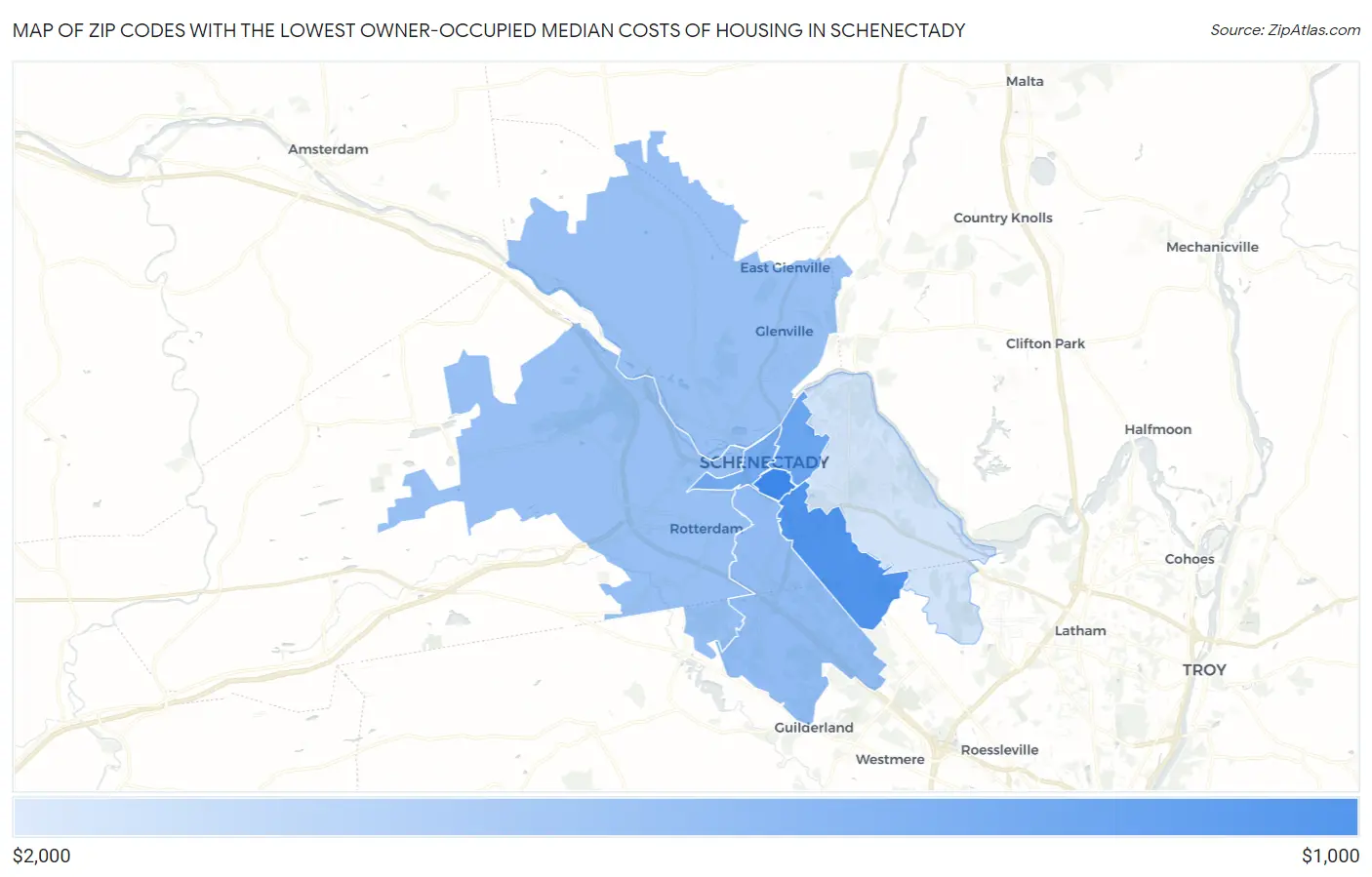 Zip Codes with the Lowest Owner-Occupied Median Costs of Housing in Schenectady Map