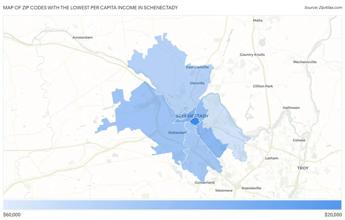 Zip Codes with the Lowest Per Capita Income in Schenectady Map