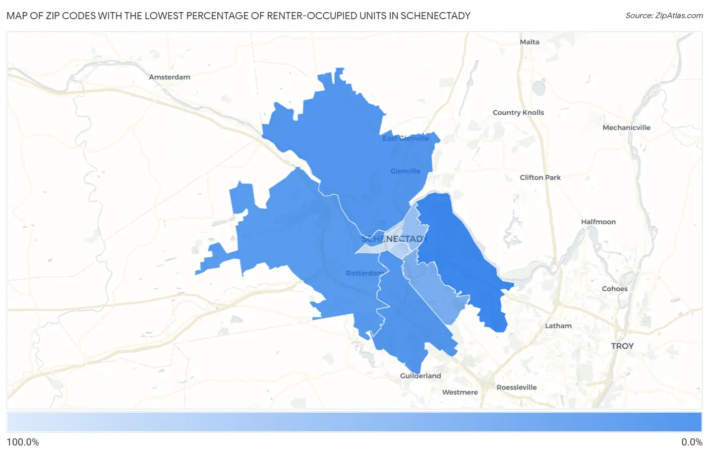 Zip Codes with the Lowest Percentage of Renter-Occupied Units in Schenectady Map