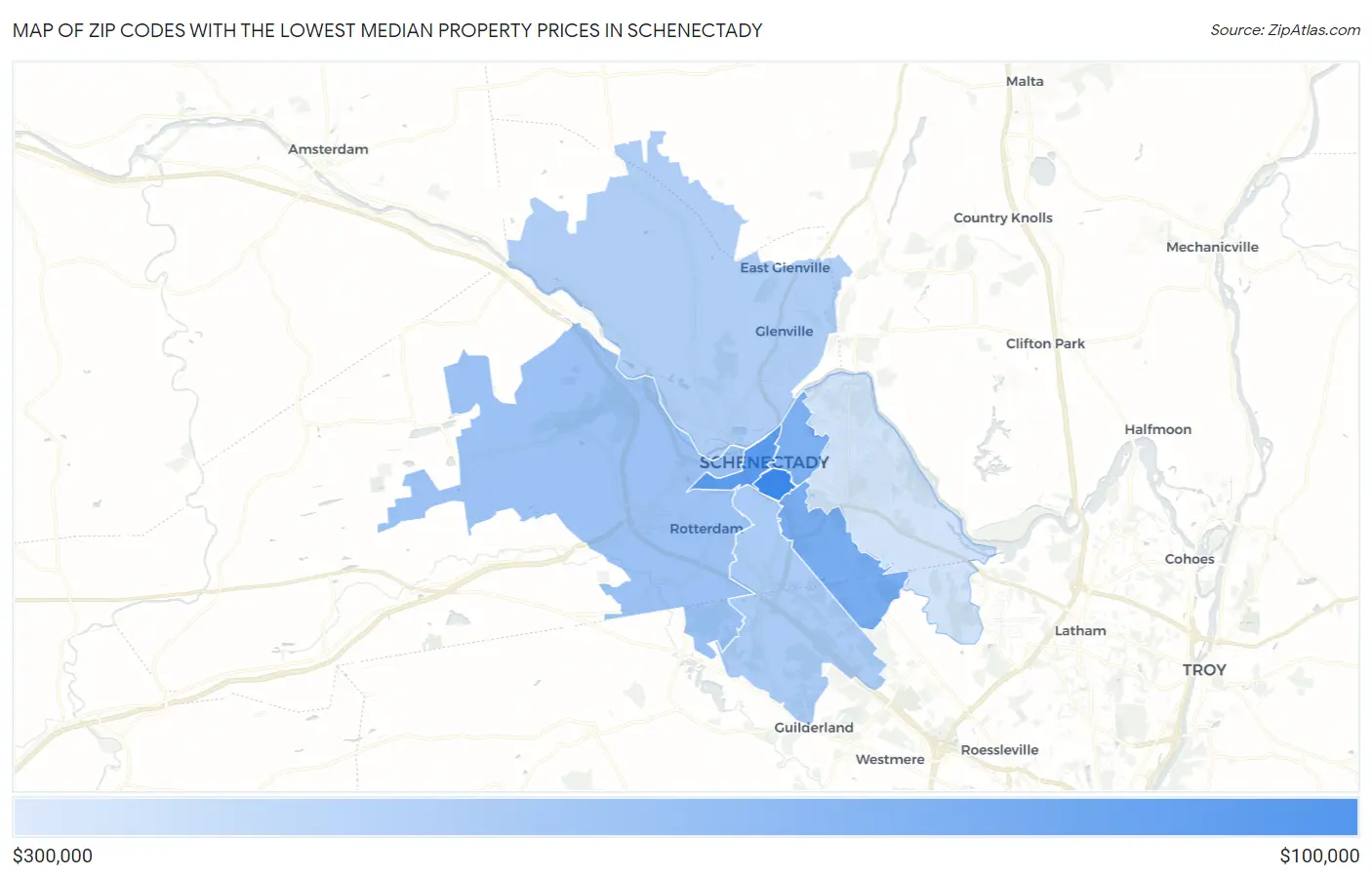 Zip Codes with the Lowest Median Property Prices in Schenectady Map