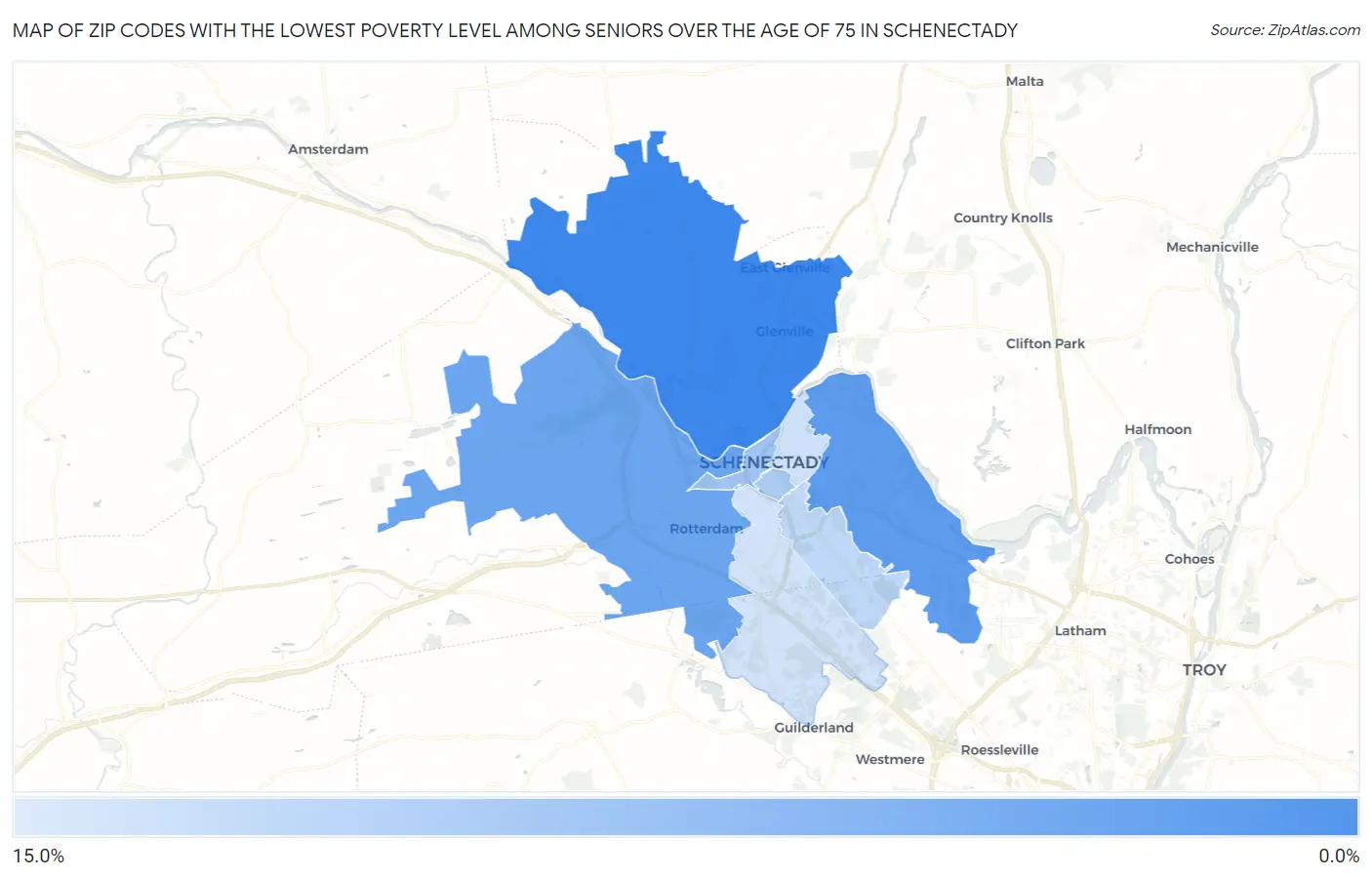 Zip Codes with the Lowest Poverty Level Among Seniors Over the Age of 75 in Schenectady Map
