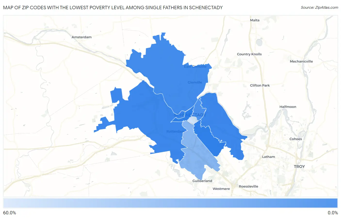 Zip Codes with the Lowest Poverty Level Among Single Fathers in Schenectady Map