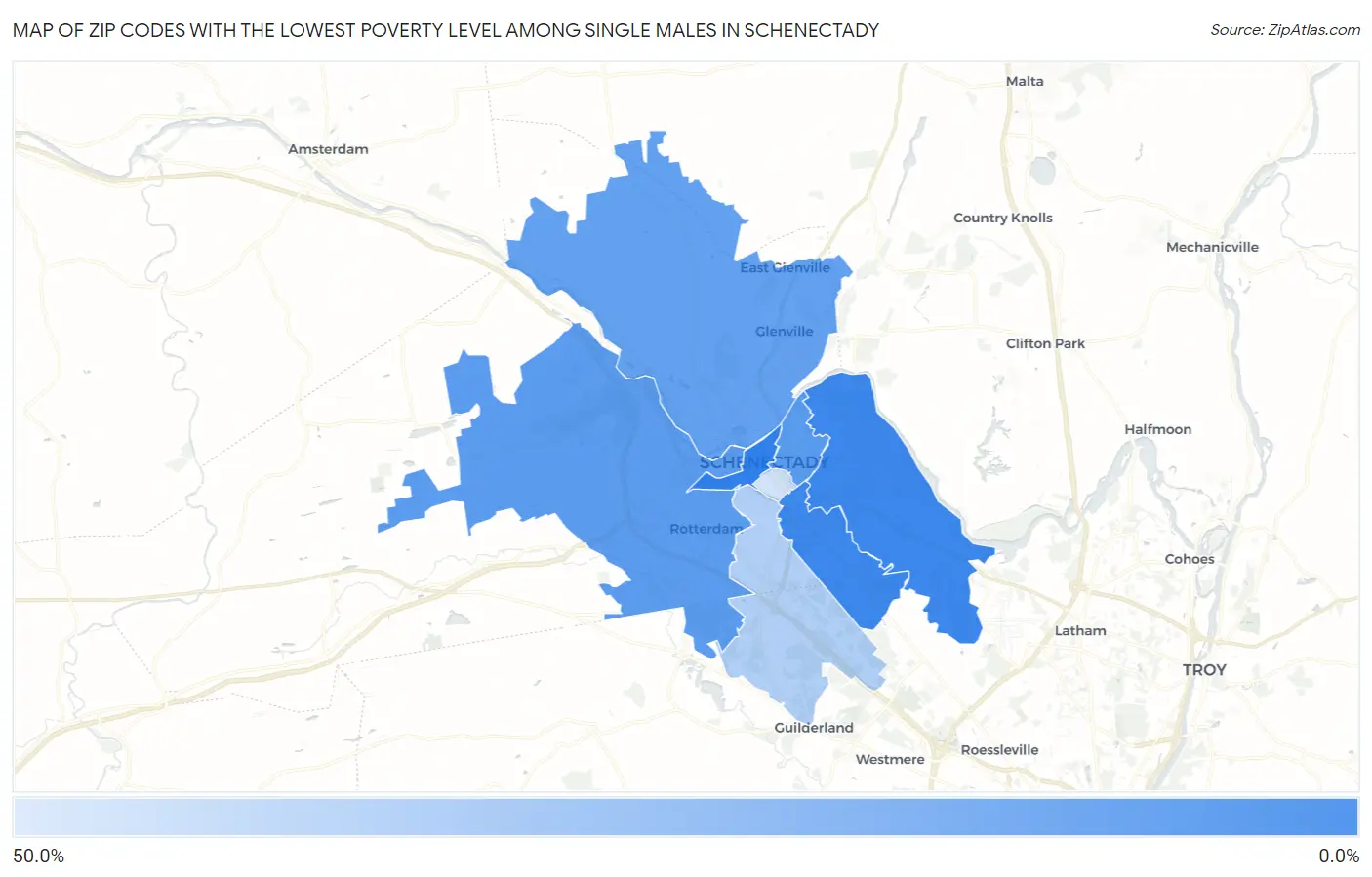 Zip Codes with the Lowest Poverty Level Among Single Males in Schenectady Map