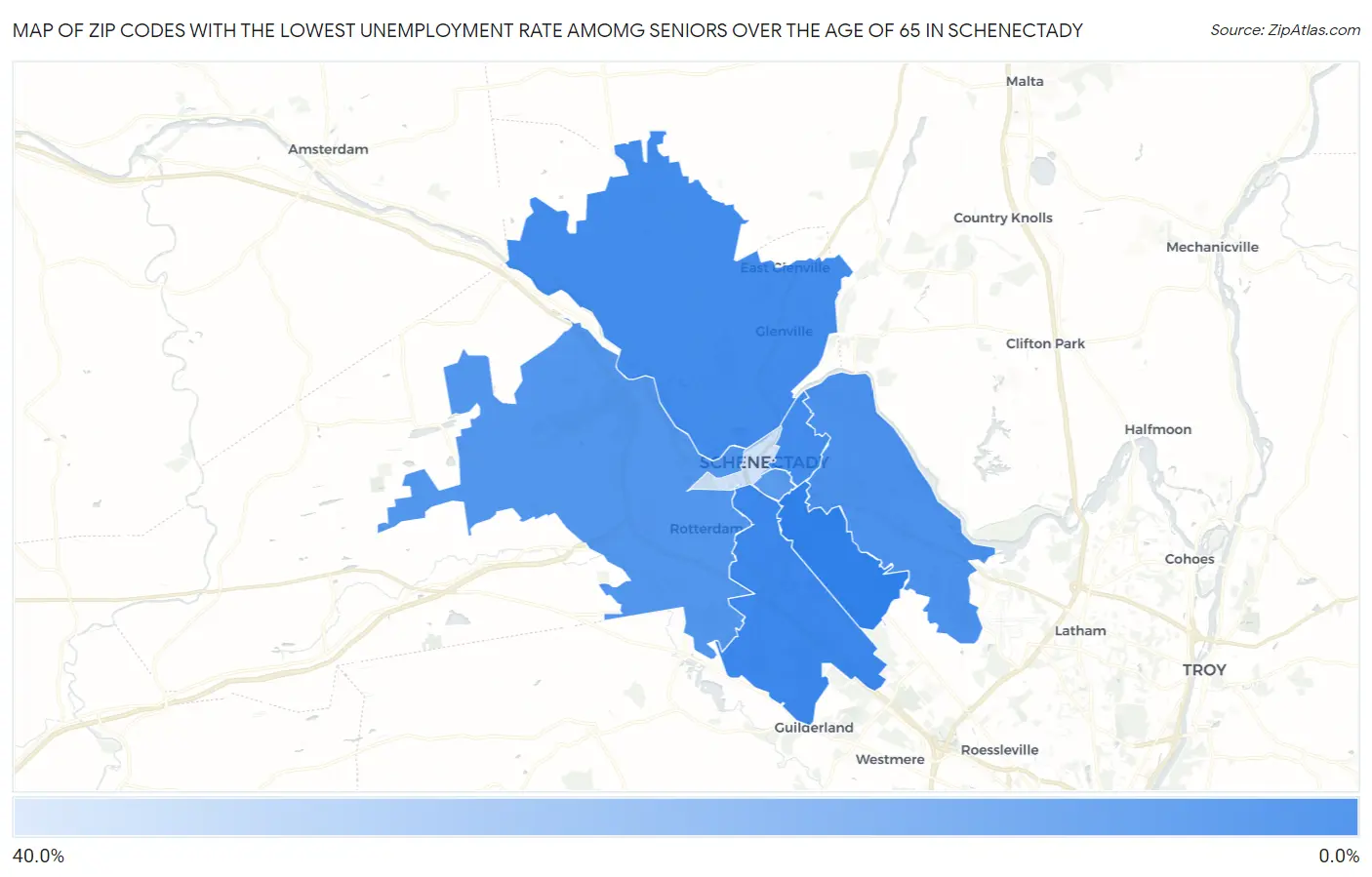 Zip Codes with the Lowest Unemployment Rate Amomg Seniors Over the Age of 65 in Schenectady Map