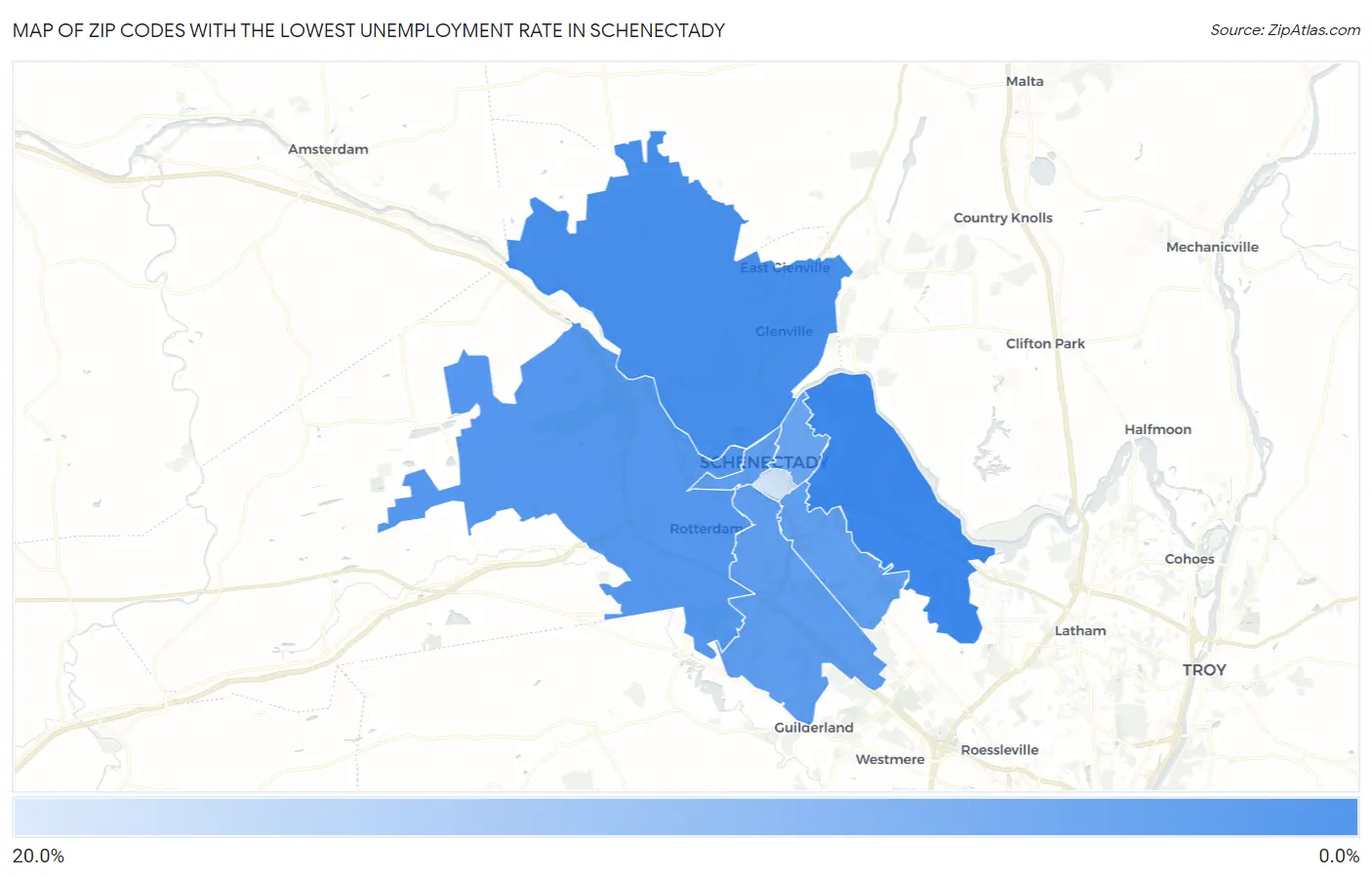 Zip Codes with the Lowest Unemployment Rate in Schenectady Map
