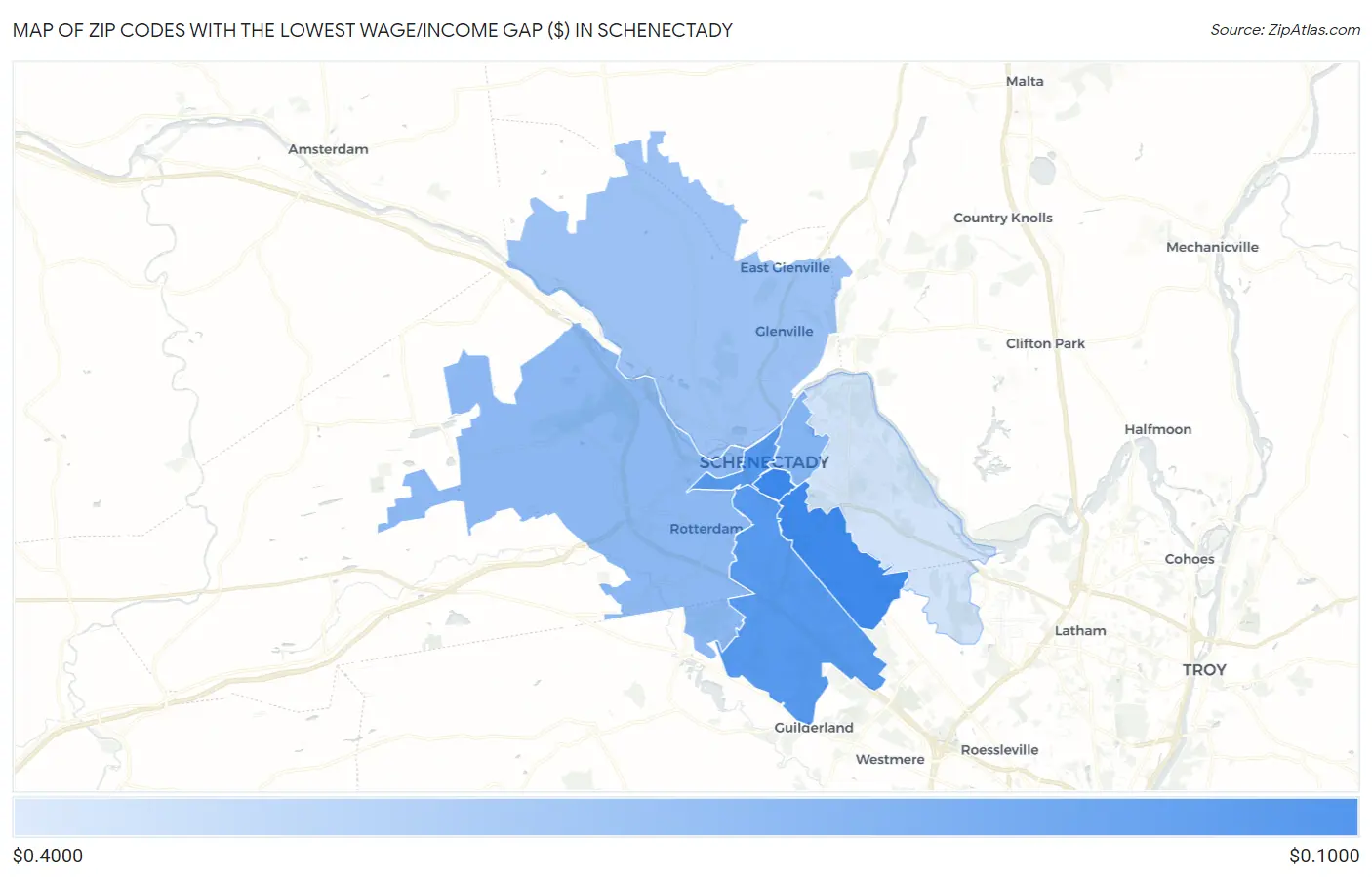 Zip Codes with the Lowest Wage/Income Gap ($) in Schenectady Map