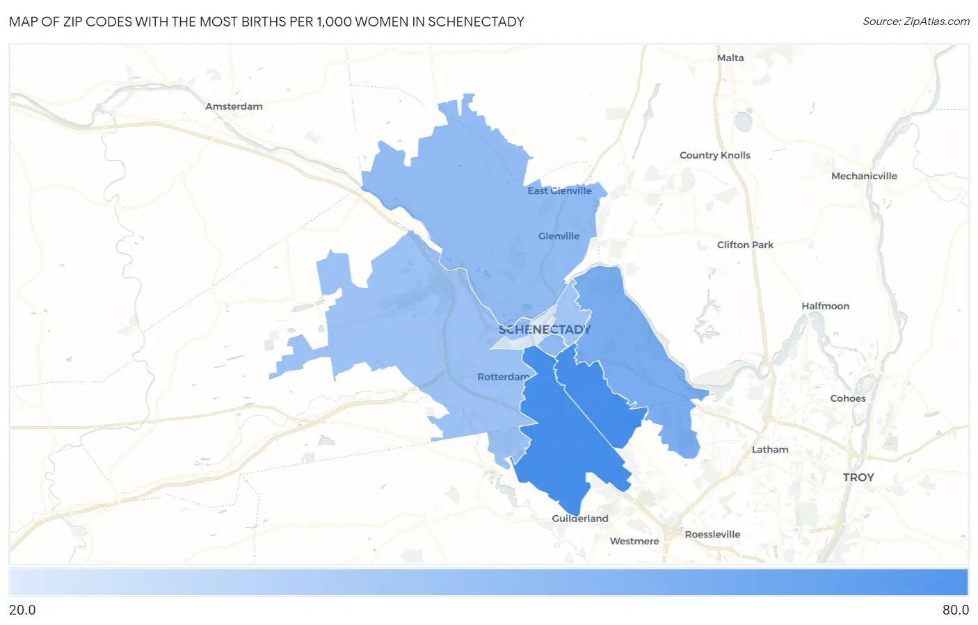 Zip Codes with the Most Births per 1,000 Women in Schenectady Map