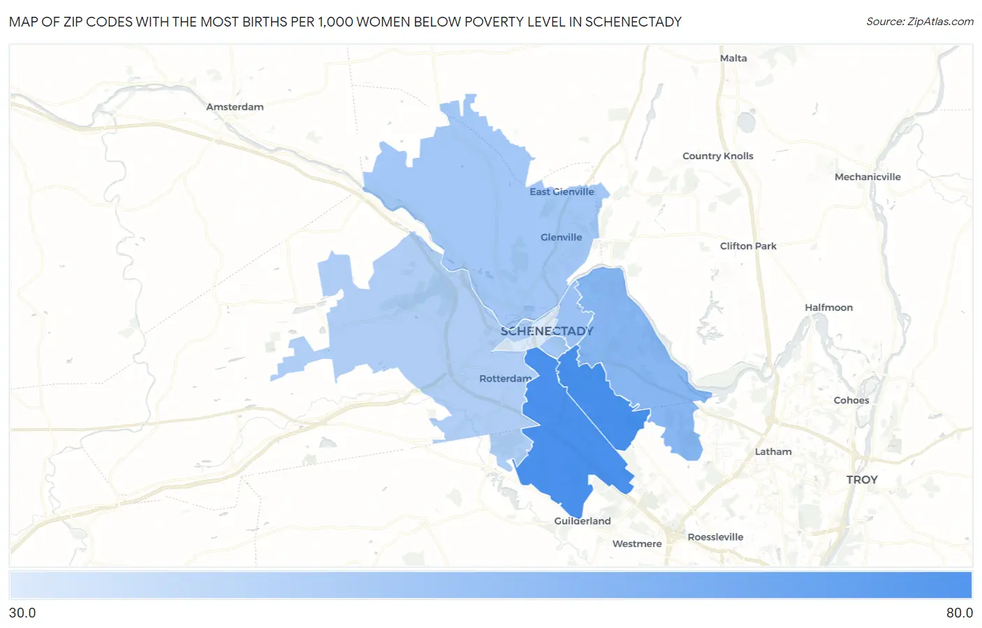 Zip Codes with the Most Births per 1,000 Women Below Poverty Level in Schenectady Map