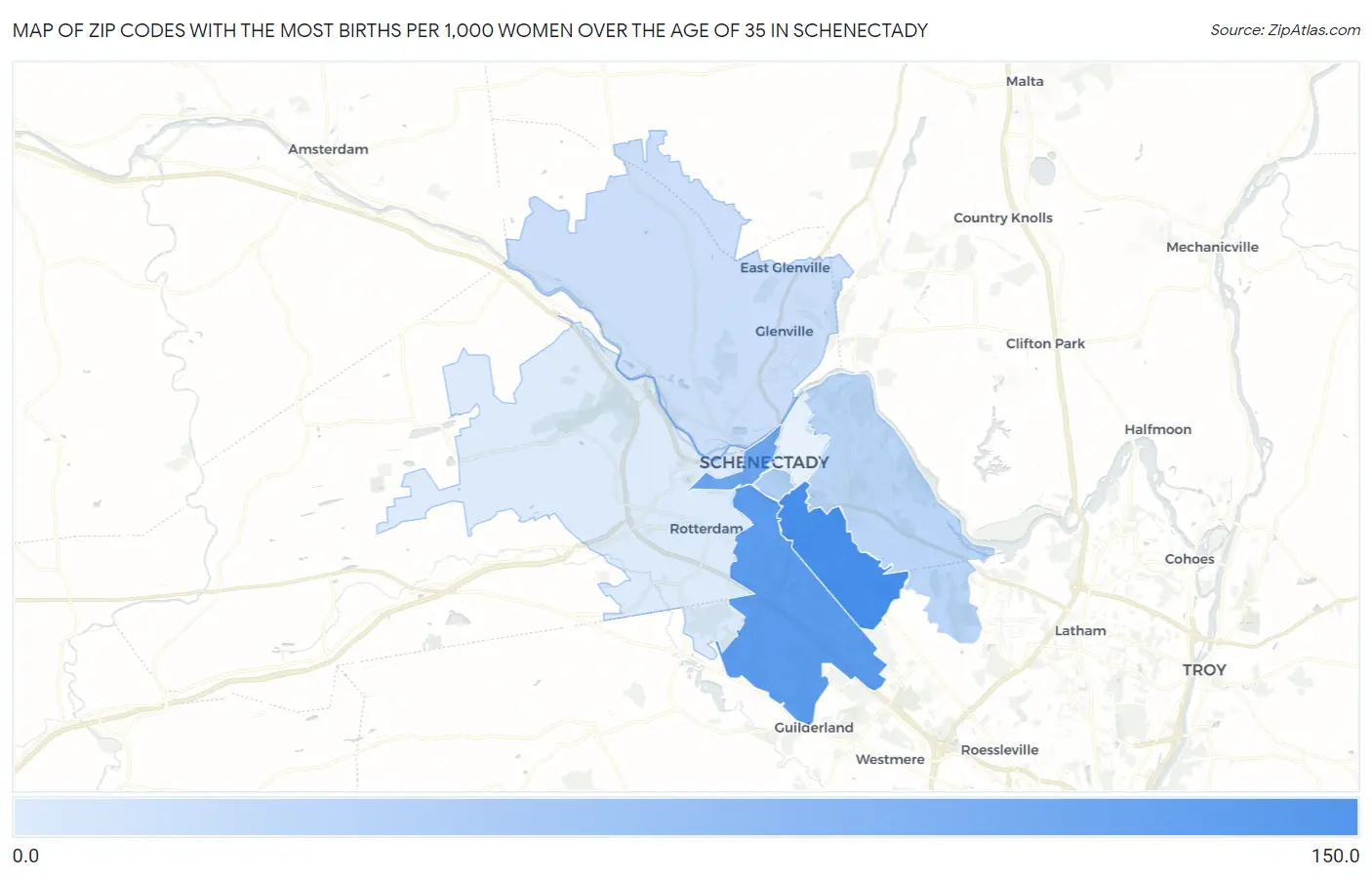 Zip Codes with the Most Births per 1,000 Women Over the Age of 35 in Schenectady Map
