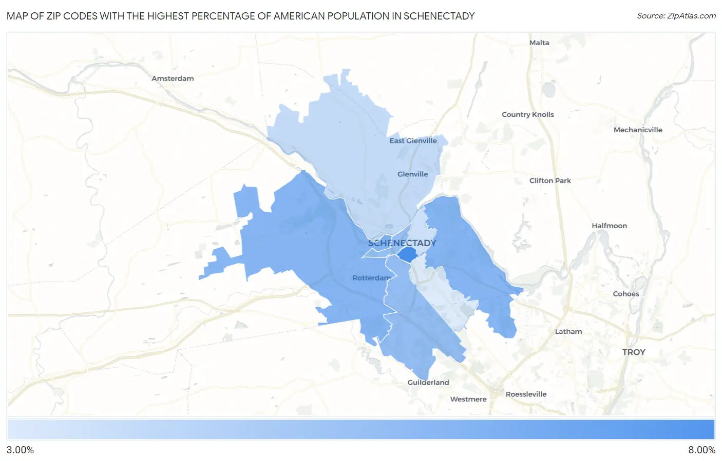 Zip Codes with the Highest Percentage of American Population in Schenectady Map