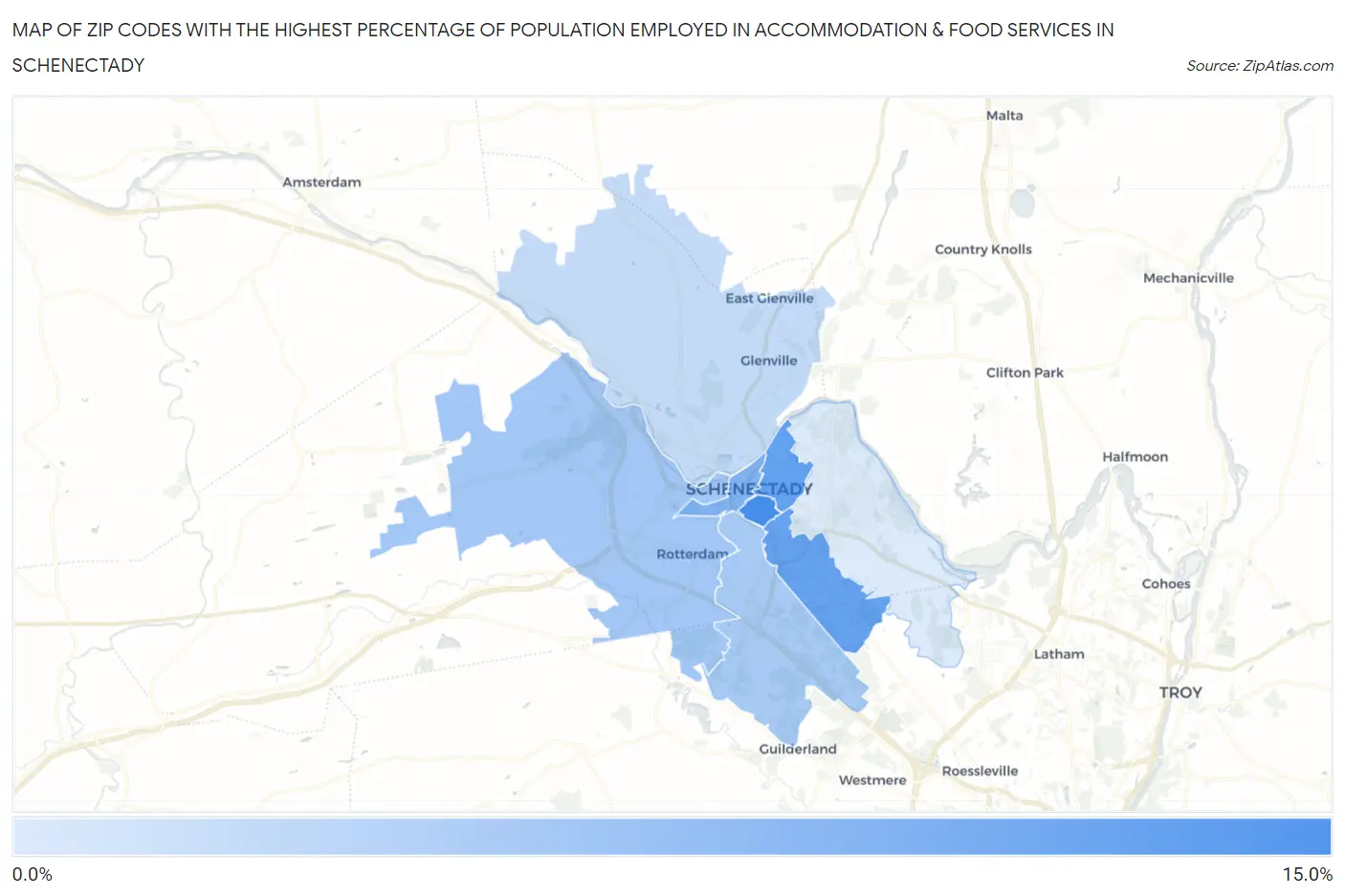Zip Codes with the Highest Percentage of Population Employed in Accommodation & Food Services in Schenectady Map