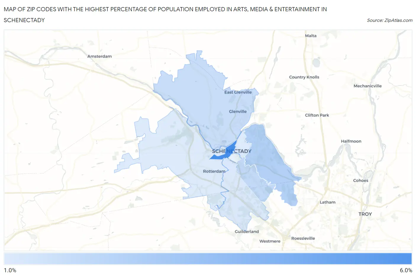 Zip Codes with the Highest Percentage of Population Employed in Arts, Media & Entertainment in Schenectady Map