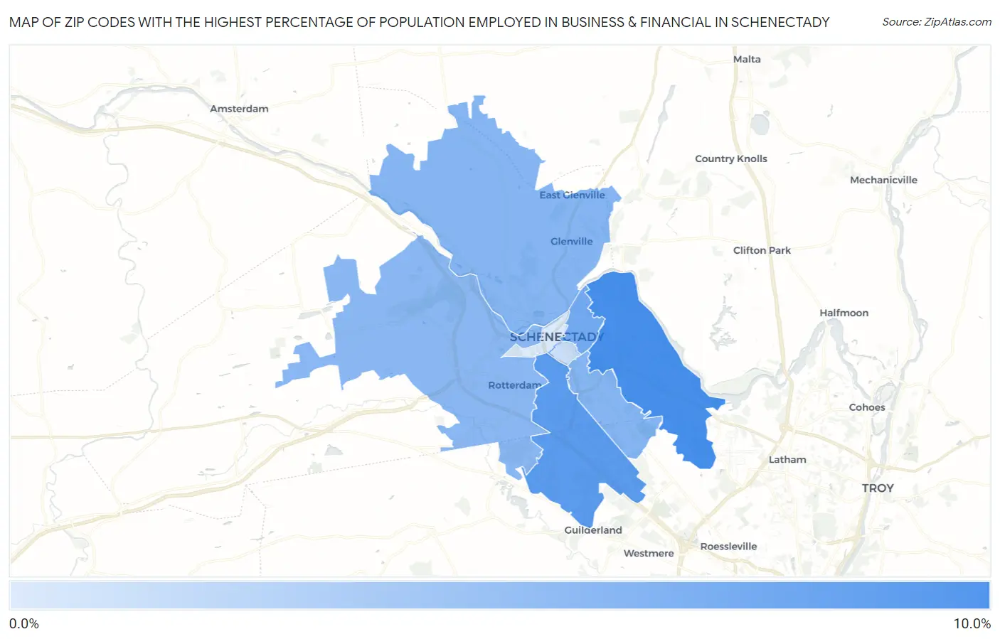 Zip Codes with the Highest Percentage of Population Employed in Business & Financial in Schenectady Map