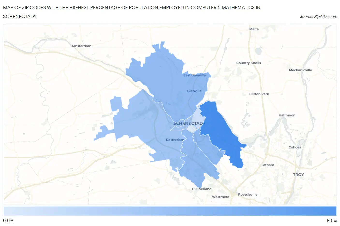 Zip Codes with the Highest Percentage of Population Employed in Computer & Mathematics in Schenectady Map
