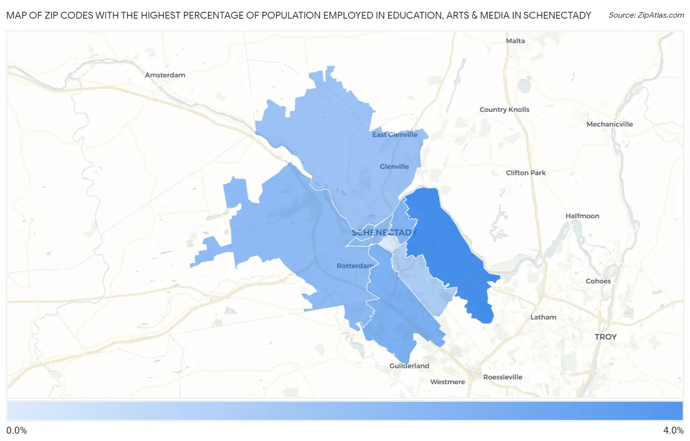 Zip Codes with the Highest Percentage of Population Employed in Education, Arts & Media in Schenectady Map