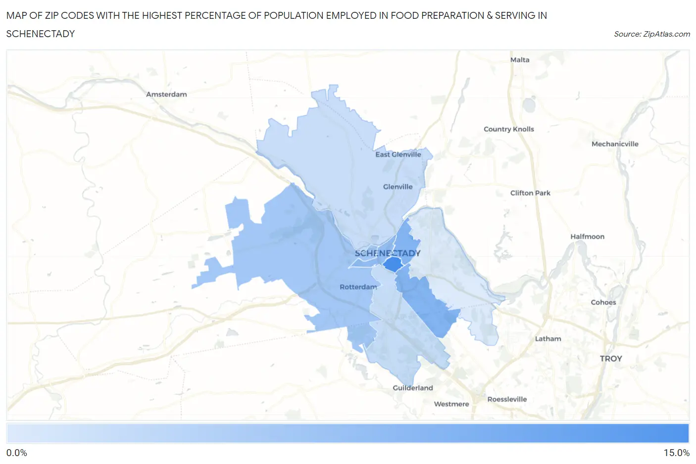 Zip Codes with the Highest Percentage of Population Employed in Food Preparation & Serving in Schenectady Map