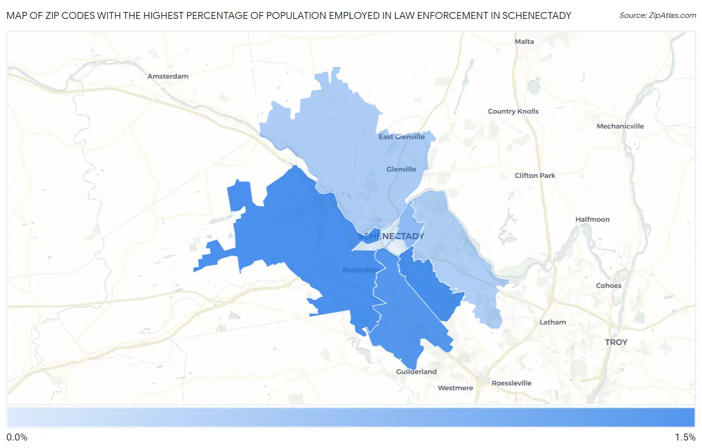 Zip Codes with the Highest Percentage of Population Employed in Law Enforcement in Schenectady Map