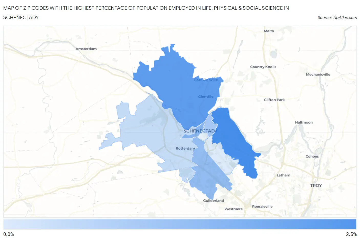 Zip Codes with the Highest Percentage of Population Employed in Life, Physical & Social Science in Schenectady Map