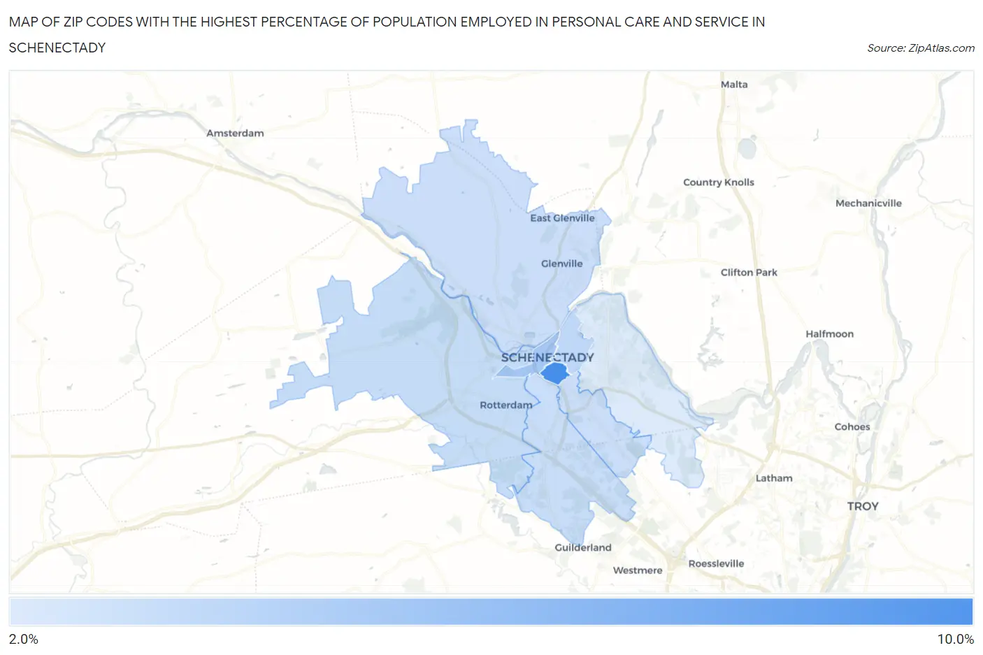 Zip Codes with the Highest Percentage of Population Employed in Personal Care and Service in Schenectady Map