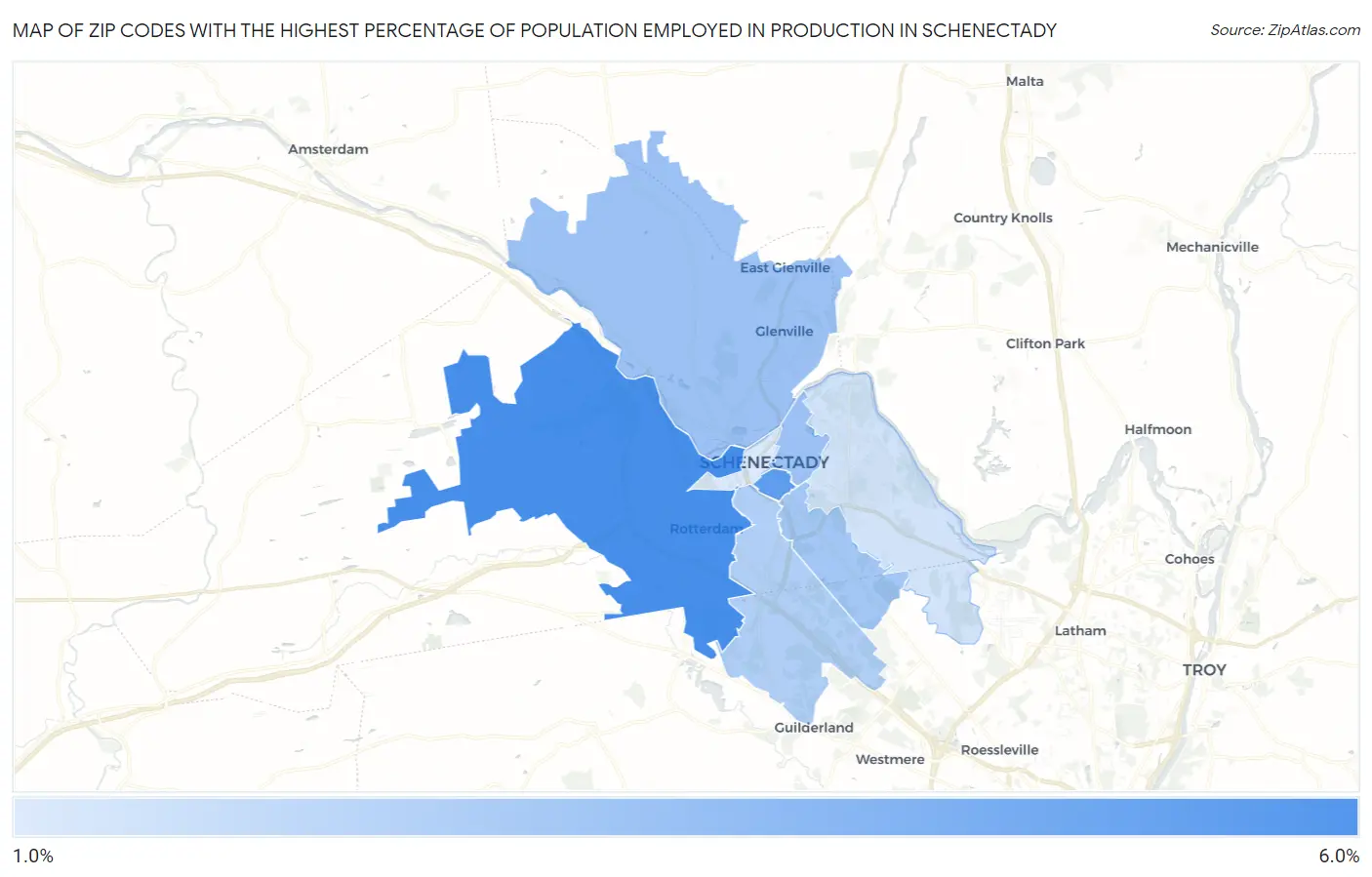 Zip Codes with the Highest Percentage of Population Employed in Production in Schenectady Map