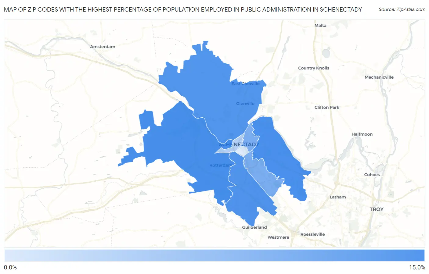Zip Codes with the Highest Percentage of Population Employed in Public Administration in Schenectady Map