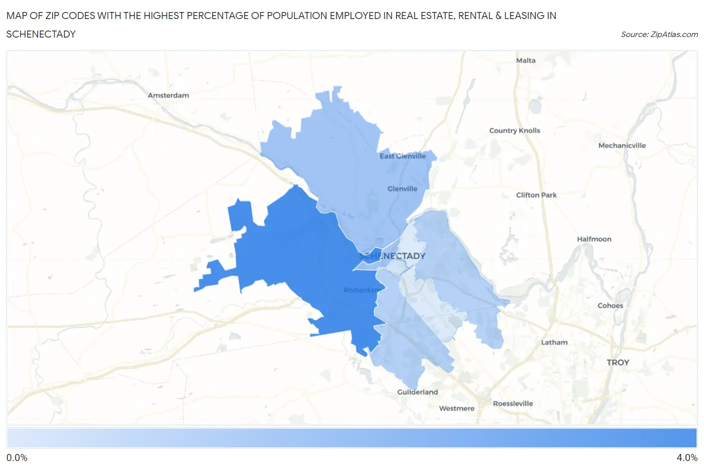 Zip Codes with the Highest Percentage of Population Employed in Real Estate, Rental & Leasing in Schenectady Map