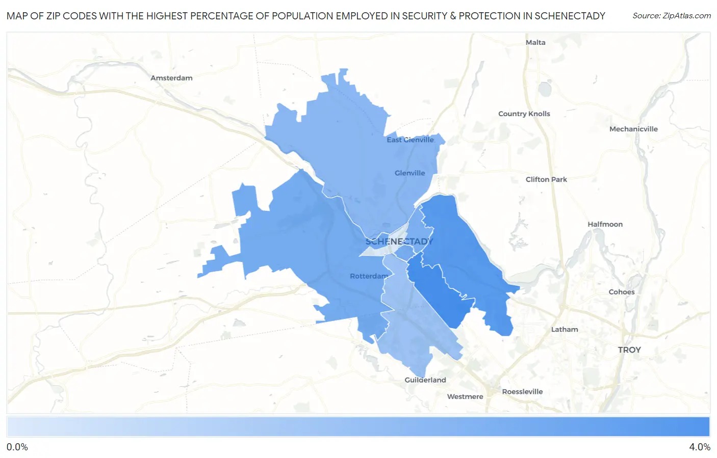 Zip Codes with the Highest Percentage of Population Employed in Security & Protection in Schenectady Map