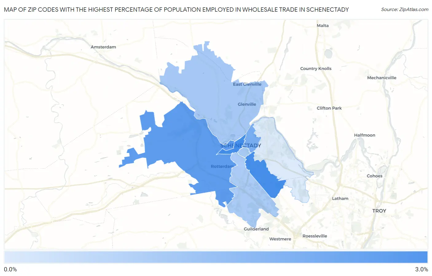 Zip Codes with the Highest Percentage of Population Employed in Wholesale Trade in Schenectady Map
