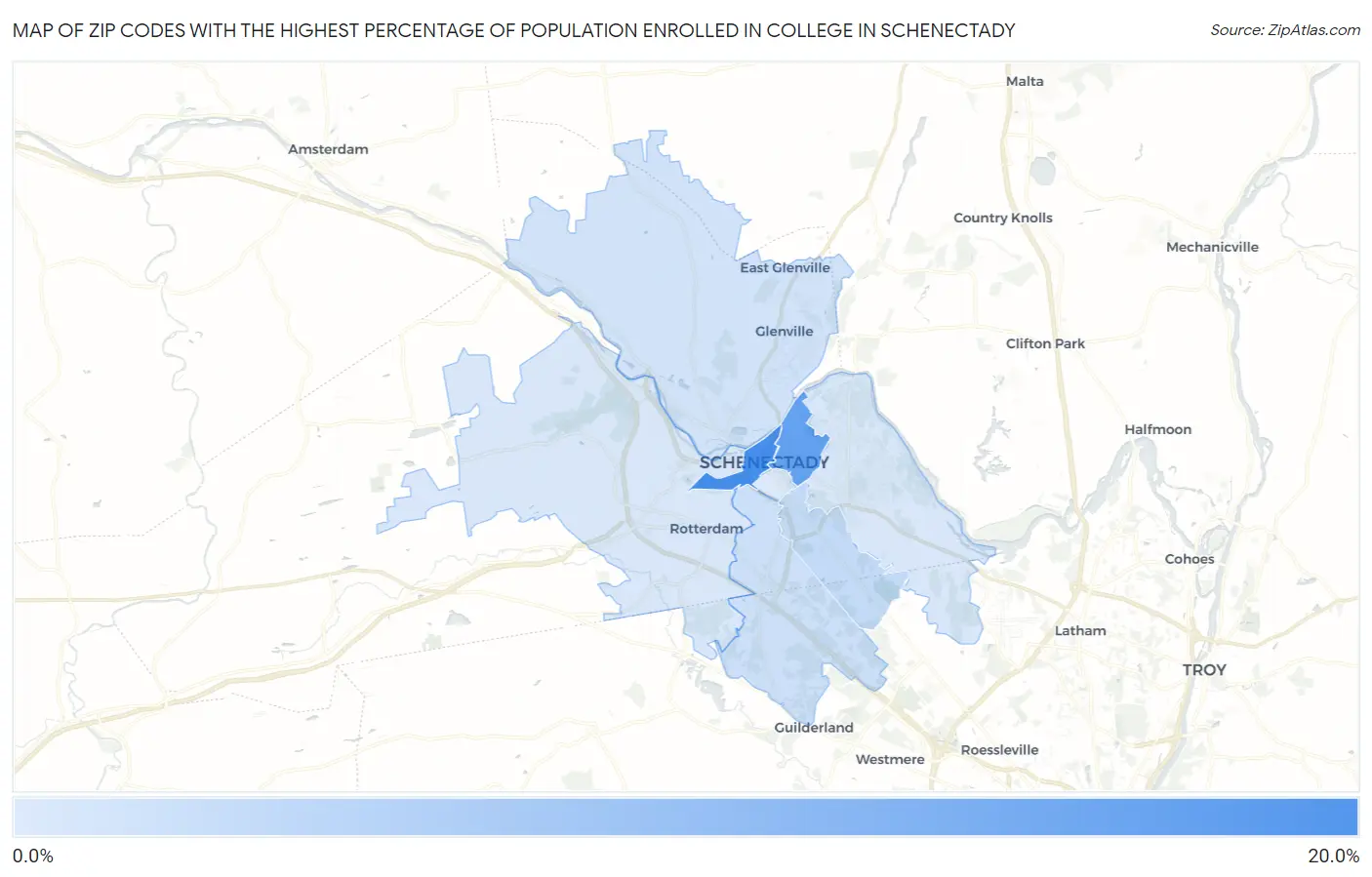 Zip Codes with the Highest Percentage of Population Enrolled in College in Schenectady Map