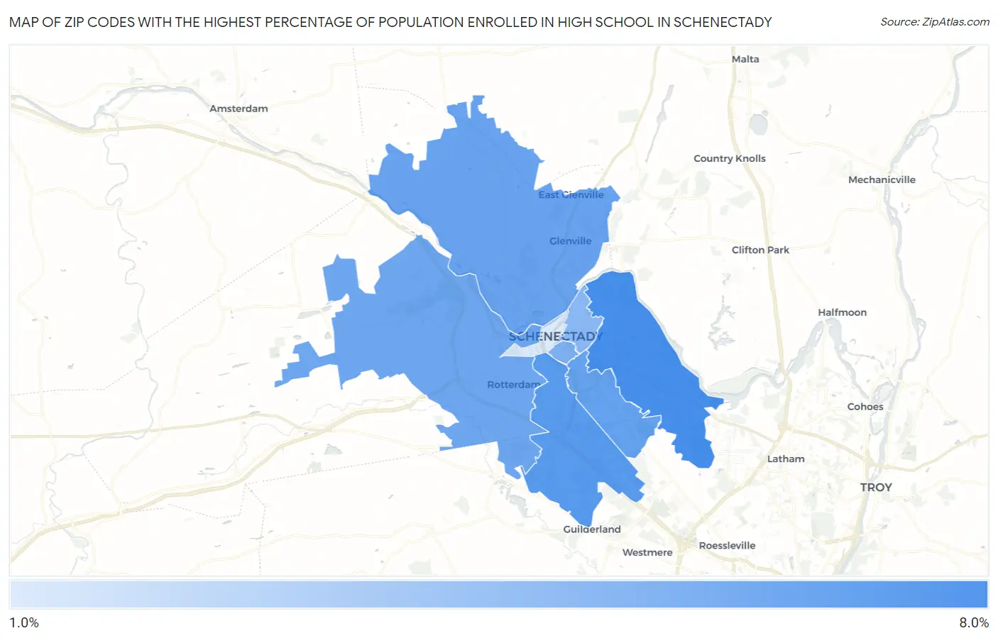 Zip Codes with the Highest Percentage of Population Enrolled in High School in Schenectady Map