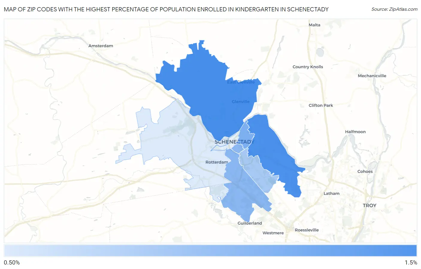 Zip Codes with the Highest Percentage of Population Enrolled in Kindergarten in Schenectady Map