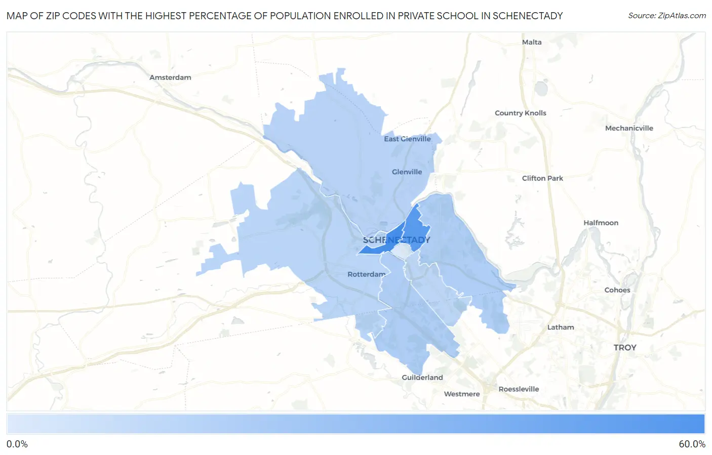 Zip Codes with the Highest Percentage of Population Enrolled in Private School in Schenectady Map