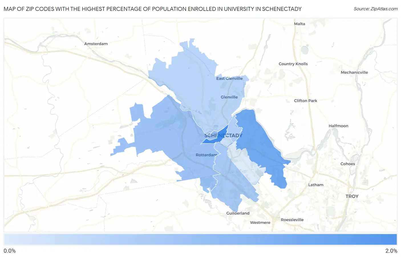 Zip Codes with the Highest Percentage of Population Enrolled in University in Schenectady Map