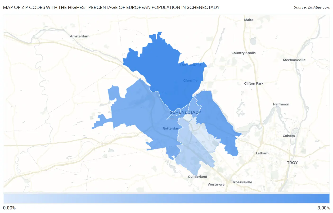 Zip Codes with the Highest Percentage of European Population in Schenectady Map