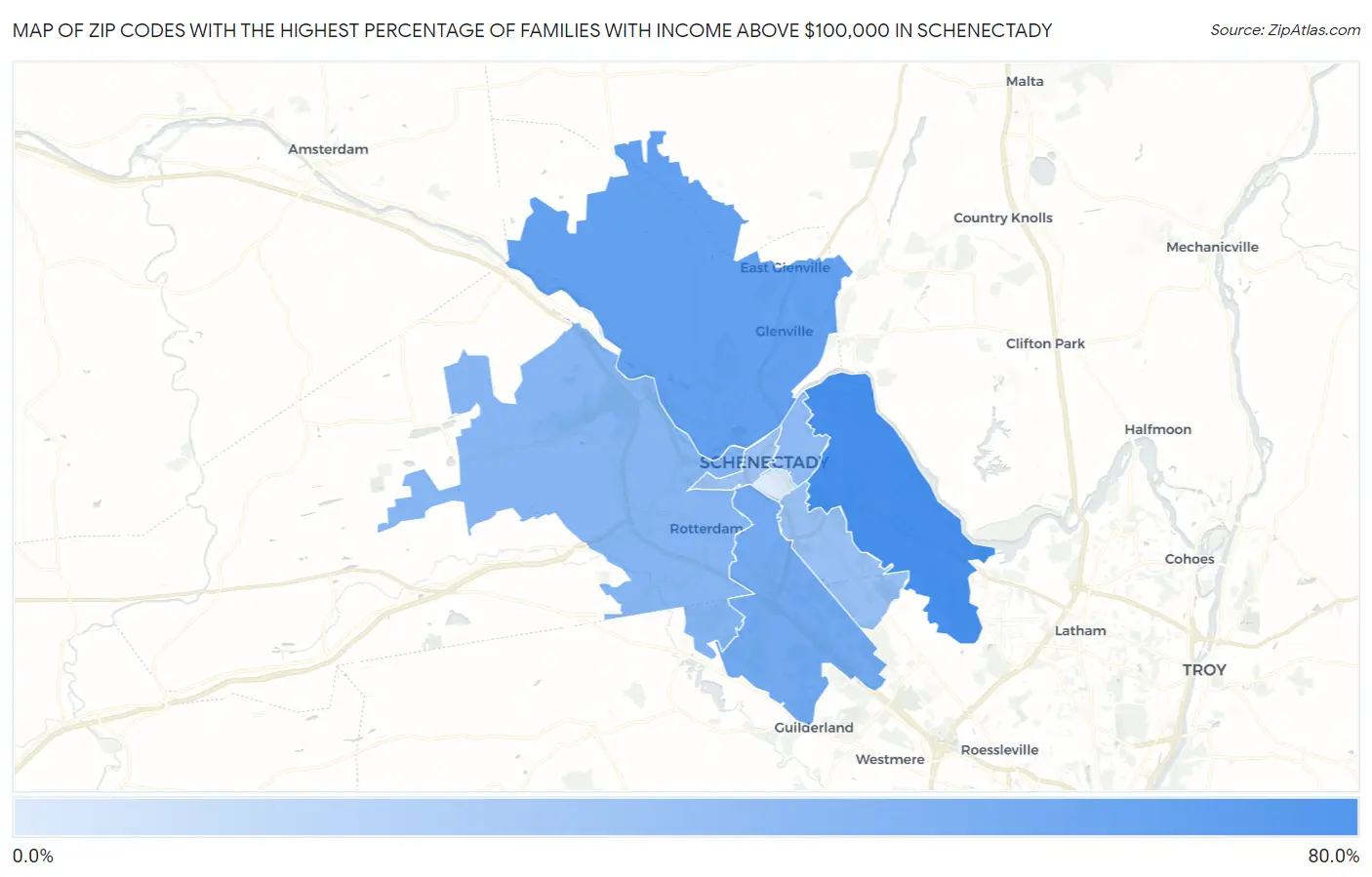 Zip Codes with the Highest Percentage of Families with Income Above $100,000 in Schenectady Map