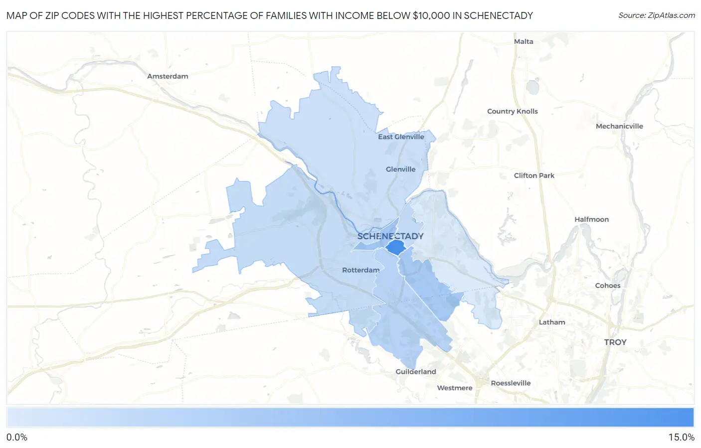 Zip Codes with the Highest Percentage of Families with Income Below $10,000 in Schenectady Map
